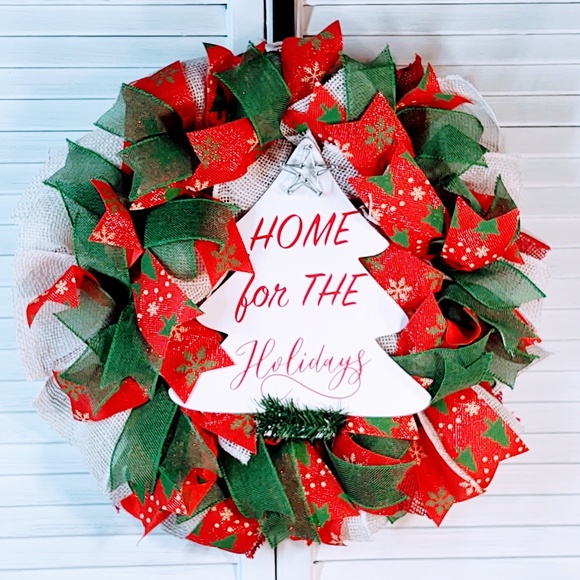 HAND CRAFTED BURLAP RIBBON "HOME FOR THE HOLIDAYS" SIGN CHRISTMAS WREATH 22" - Picture 7 of 7